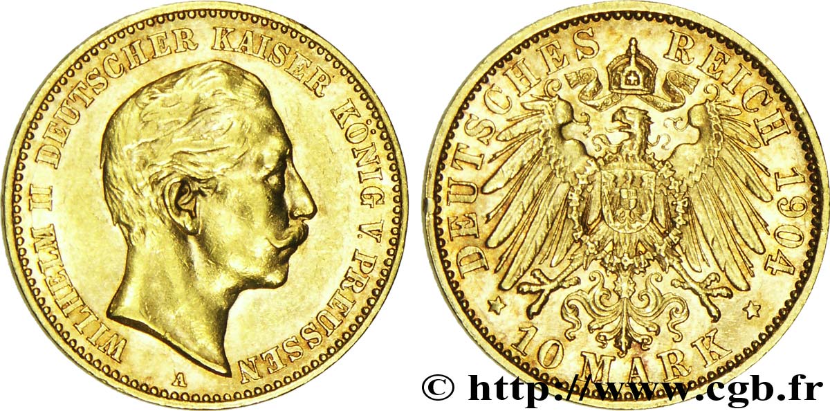 ALLEMAGNE - PRUSSE 10 Mark or Royaume de Prusse, empereur Guillaume II / aigle impérial 1904 Berlin SUP 