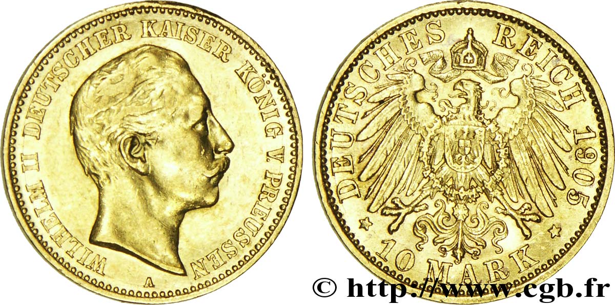 ALLEMAGNE - PRUSSE 10 Mark or Royaume de Prusse, empereur Guillaume II / aigle impérial 1905 Berlin SUP 