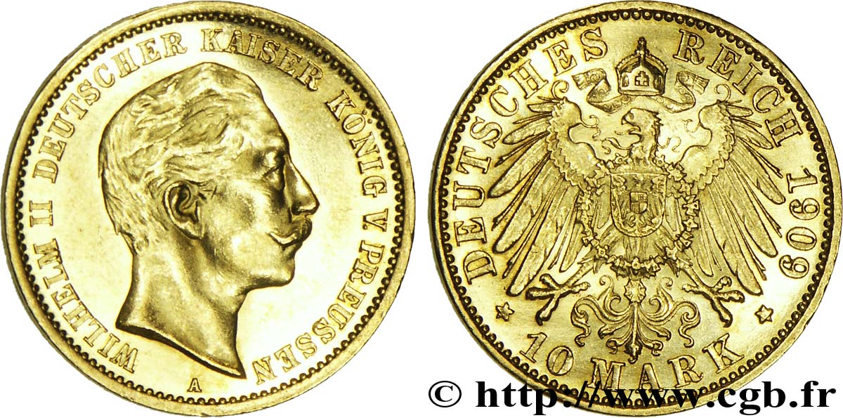 ALLEMAGNE - PRUSSE 10 Mark or Royaume de Prusse, empereur Guillaume II / aigle impérial 1909 Berlin SPL 