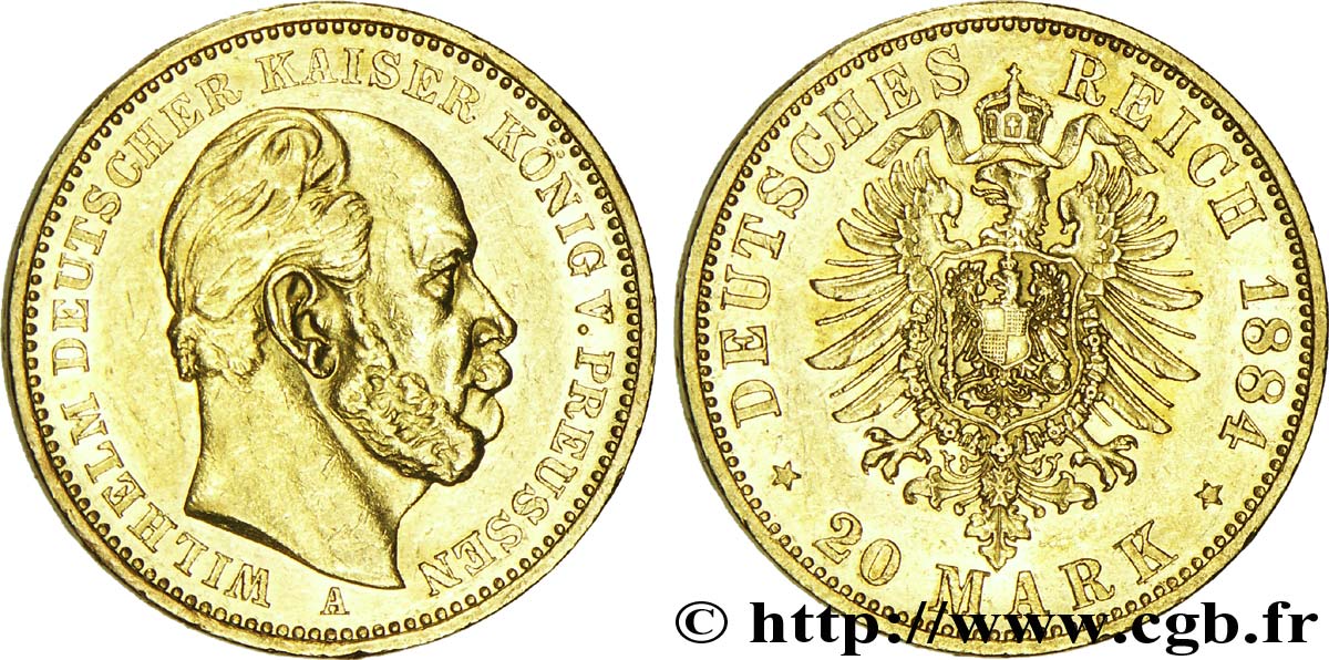 ALLEMAGNE - PRUSSE 20 Mark royaume de Prusse Guillaume Ier, 2e type / aigle héraldique 1884 Berlin SUP 