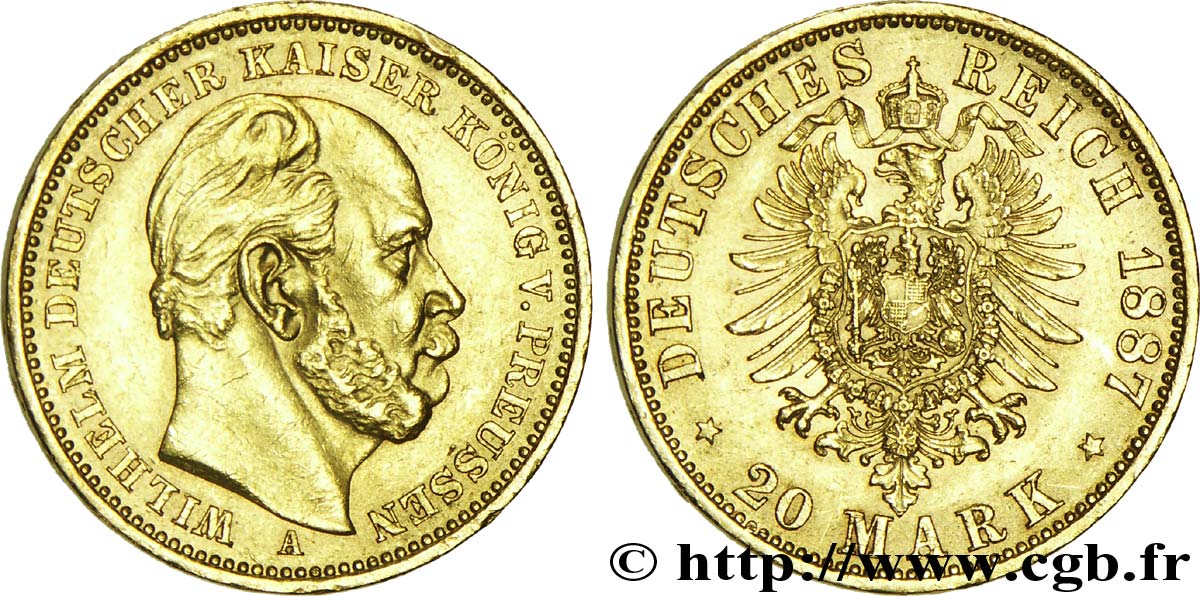 ALLEMAGNE - PRUSSE 20 Mark royaume de Prusse Guillaume Ier, 2e type / aigle héraldique 1887 Berlin SUP 