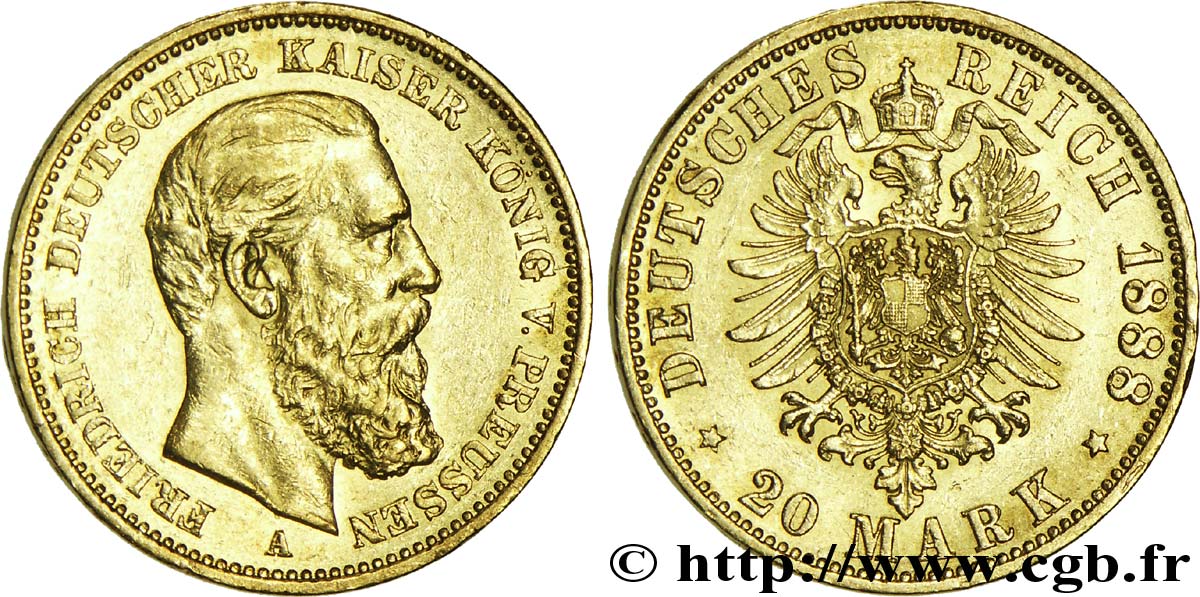 ALLEMAGNE - PRUSSE 20 Mark Frédéric III 1888 Berlin SUP 