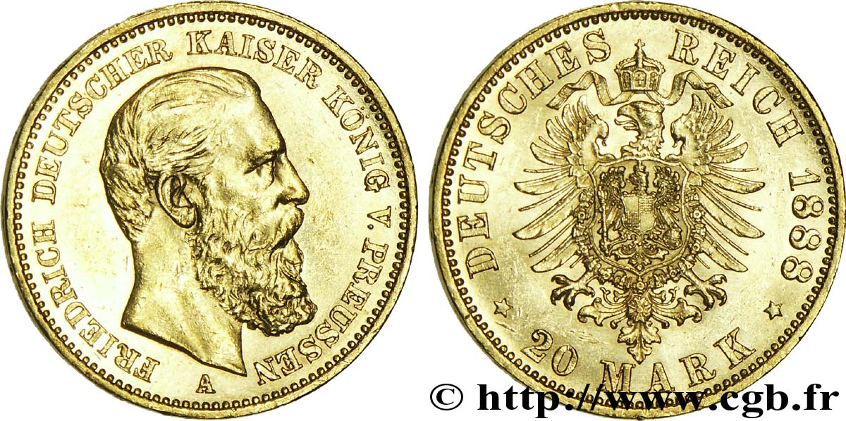 ALLEMAGNE - PRUSSE 20 Mark Frédéric III 1888 Berlin SPL 