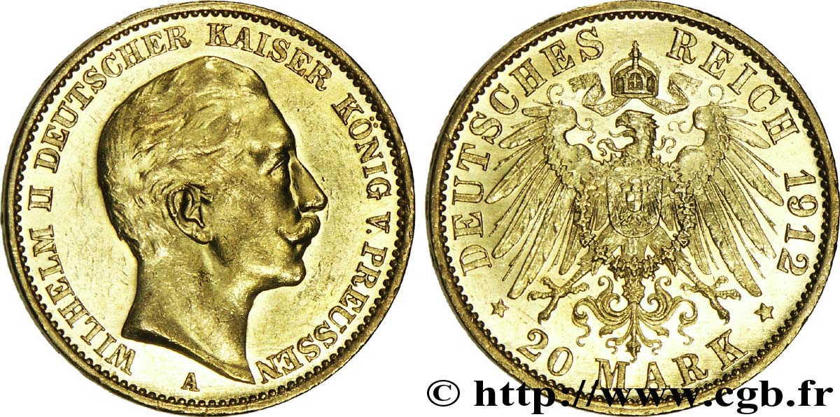 ALLEMAGNE - PRUSSE 20 Mark royaume de Prusse Guillaume II / aigle héraldique 1912 Berlin SPL 