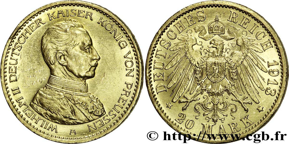 ALLEMAGNE - PRUSSE 20 Mark royaume de Prusse Guillaume II buste en uniforme/ aigle héraldique 1913 Berlin SUP 