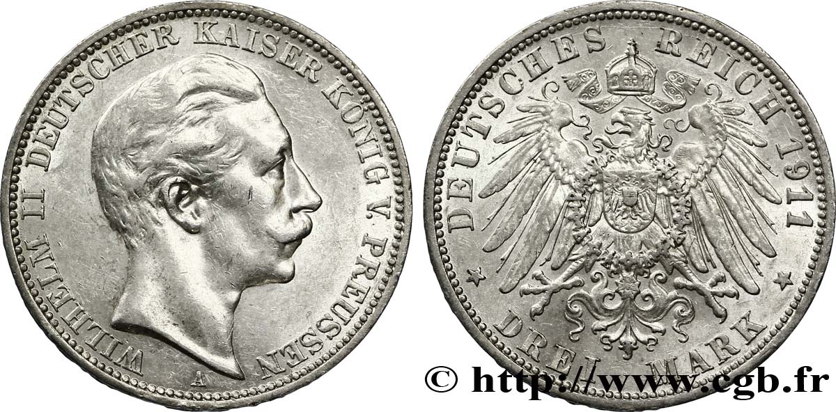 ALLEMAGNE - PRUSSE 3 Mark Royaume de Prusse : Guillaume II / aigle 1911 Berlin SUP 