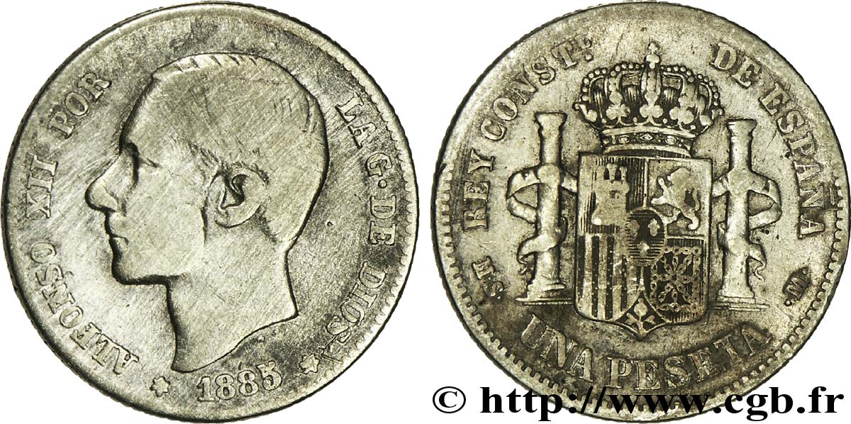 ESPAGNE 1 Peseta Alphonse XII  / emblème couronné (85) 1885 Madrid B 