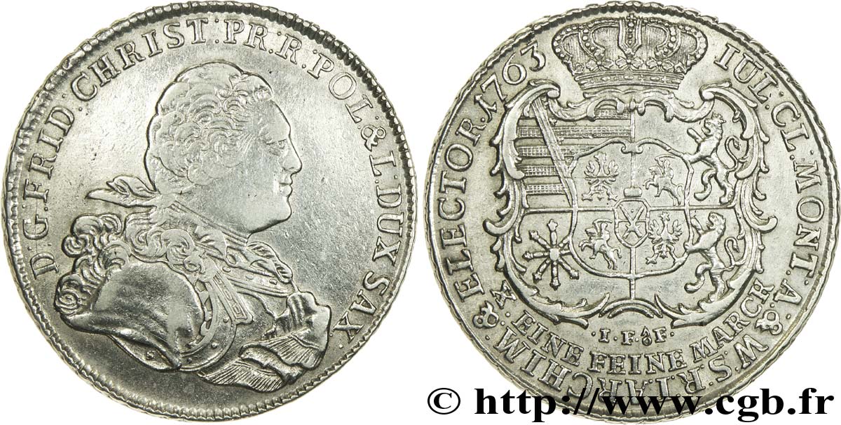 ALLEMAGNE - SAXE 1 Thaler Électorat de Saxe : Frédéric-Christian, prince électeur et roi de Pologne / écu couronné IJAOF 1763  TTB 