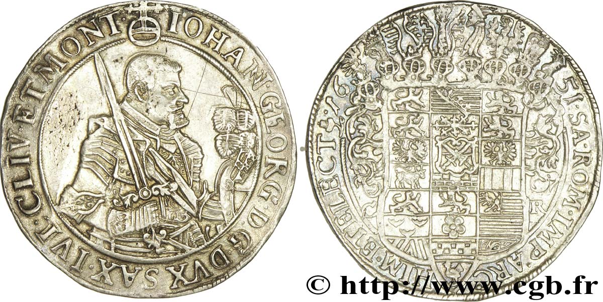ALLEMAGNE - SAXE 1 Thaler Duché de Saxe, Jean-Georges Ier en armure / écu aux heaumes 1651  TTB+ 