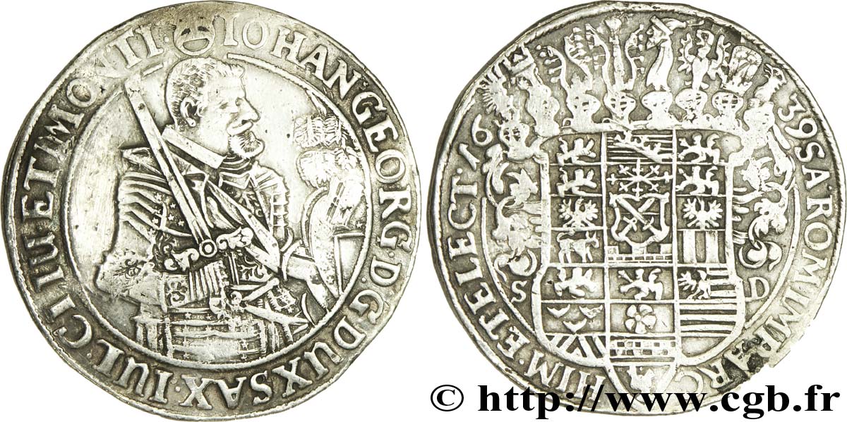 ALLEMAGNE - SAXE 1 Thaler Duché de Saxe, Jean-Georges Ier en armure / écu aux heaumes 1639  TTB+ 