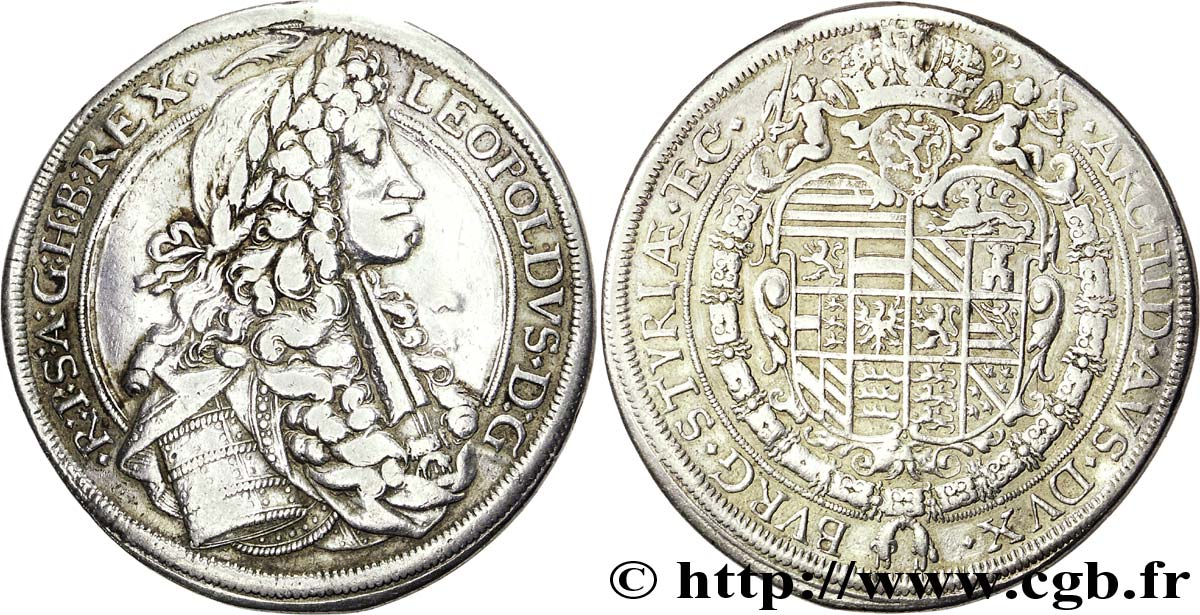 AUTRICHE 1 Thaler Empereur Léopold Ier / armes couronnées 1693 Graz TTB 