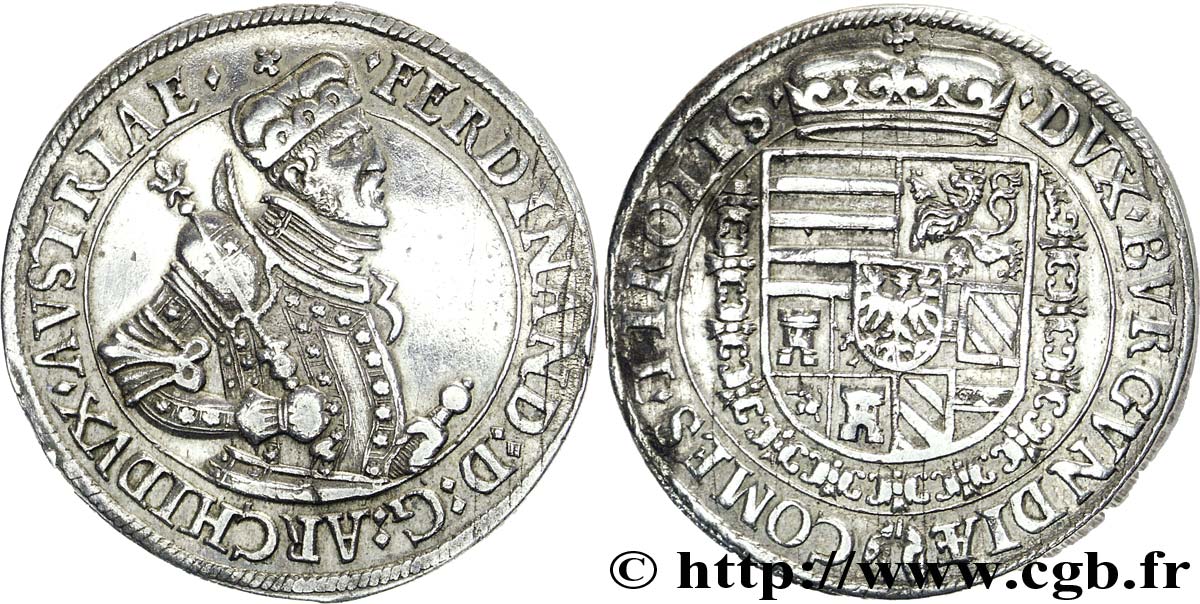 AUTRICHE 1 Thaler Empereur Ferdinand II de Habsbourg / armes couronnées du Tyrol (1619-1637) N.D. Hall TTB 