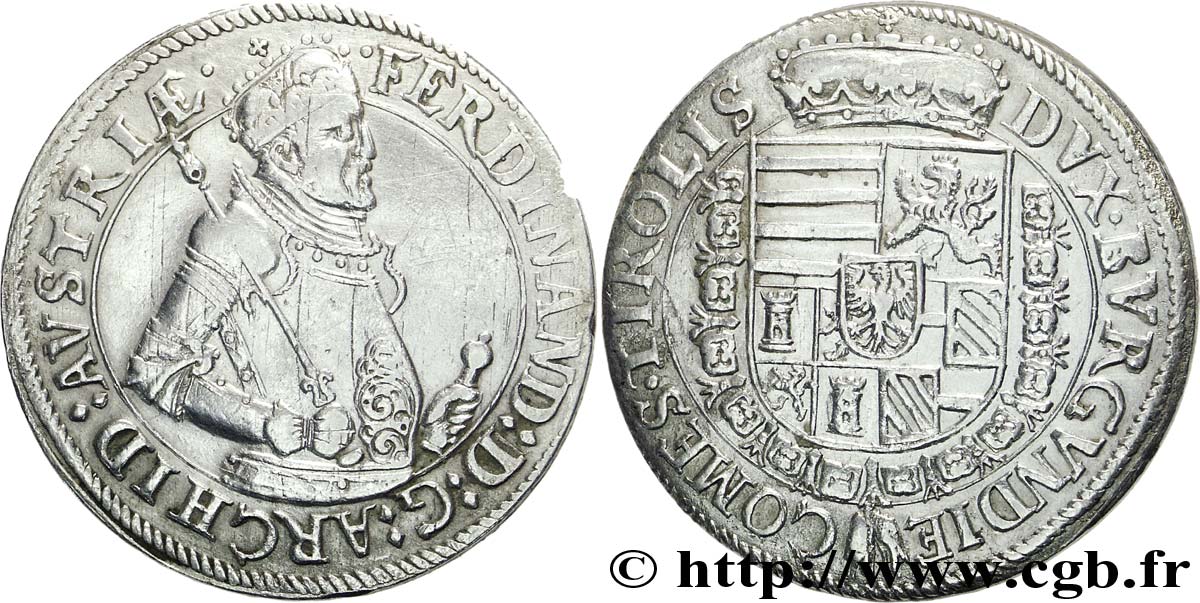AUTRICHE 1 Thaler Empereur Ferdinand II de Habsbourg / armes couronnées du Tyrol (1619-1637) N.D. Hall TB+ 