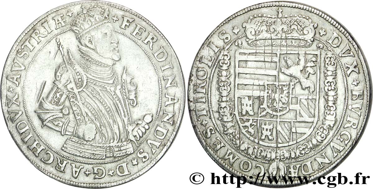 AUTRICHE 1 Thaler Empereur Ferdinand II de Habsbourg / armes couronnées du Tyrol (1619-1637) N.D. Hall TTB 