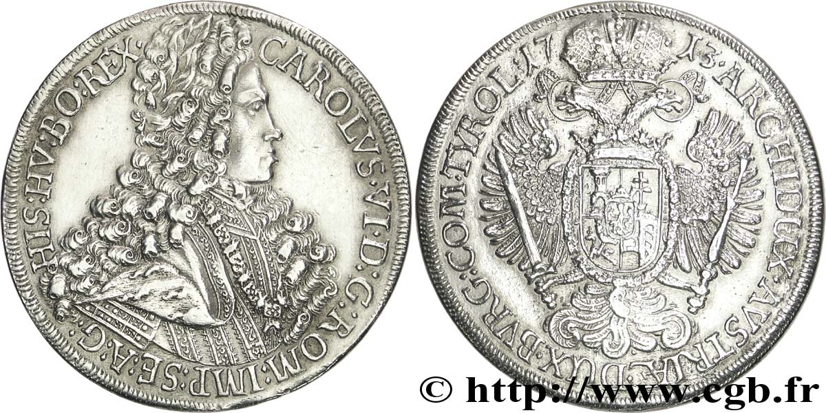 AUTRICHE 1 Thaler Charles VI de Habsbourg / aigle bicéphale héraldique 1713 Hall TTB 