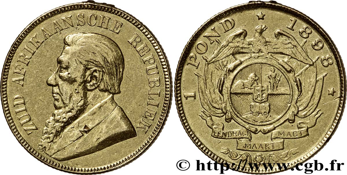 AFRIQUE DU SUD 1 Pond président Paul Kruger / armes de la République Sud-Africaine 1898 Prétoria TTB 
