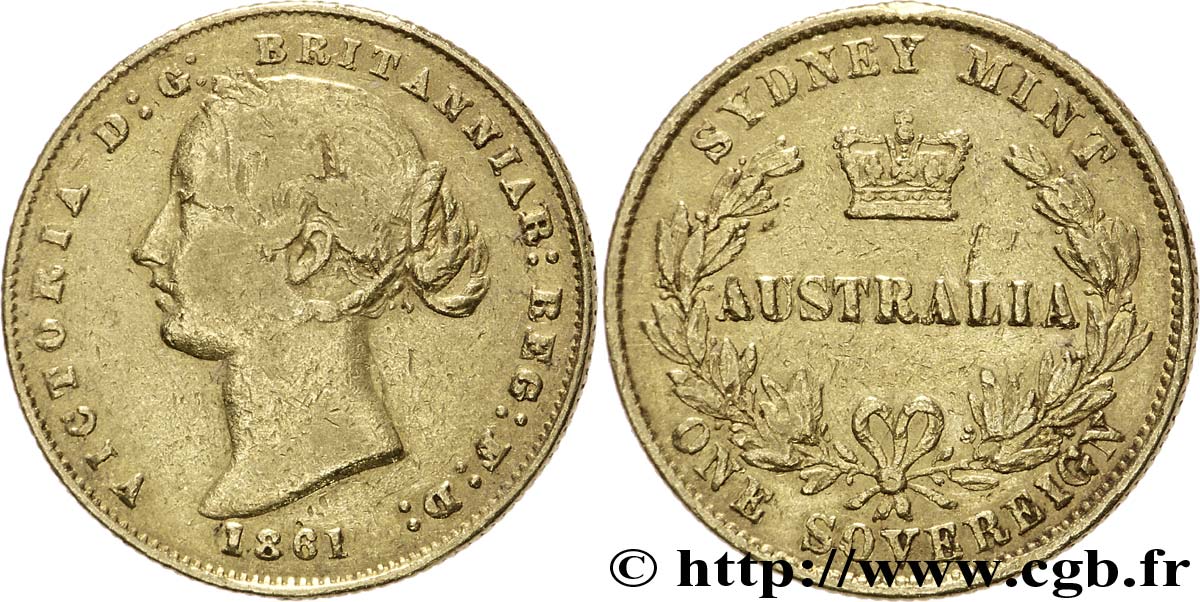 AUSTRALIE 1 Souverain OR reine Victoria / couronne entre deux branches d’olivier 1861 Sydney TB 