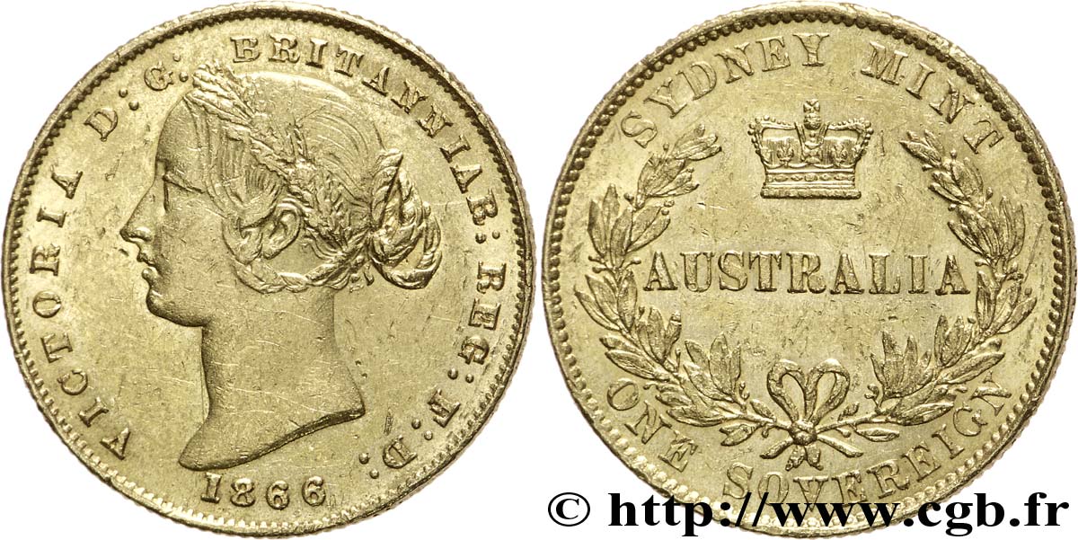 AUSTRALIE 1 Souverain OR reine Victoria / couronne entre deux branches d’olivier 1866 Sydney TTB+ 