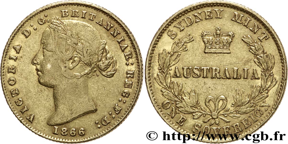 AUSTRALIE 1 Souverain OR reine Victoria / couronne entre deux branches d’olivier 1866 Sydney TB 