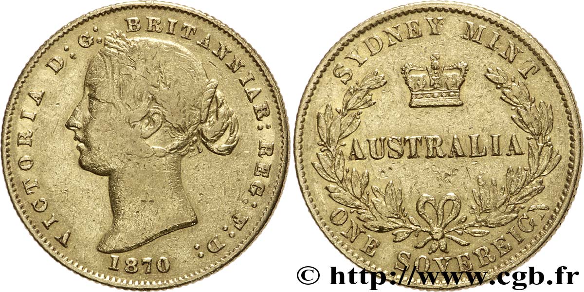 AUSTRALIE 1 Souverain OR reine Victoria / couronne entre deux branches d’olivier 1870 Sydney TB 