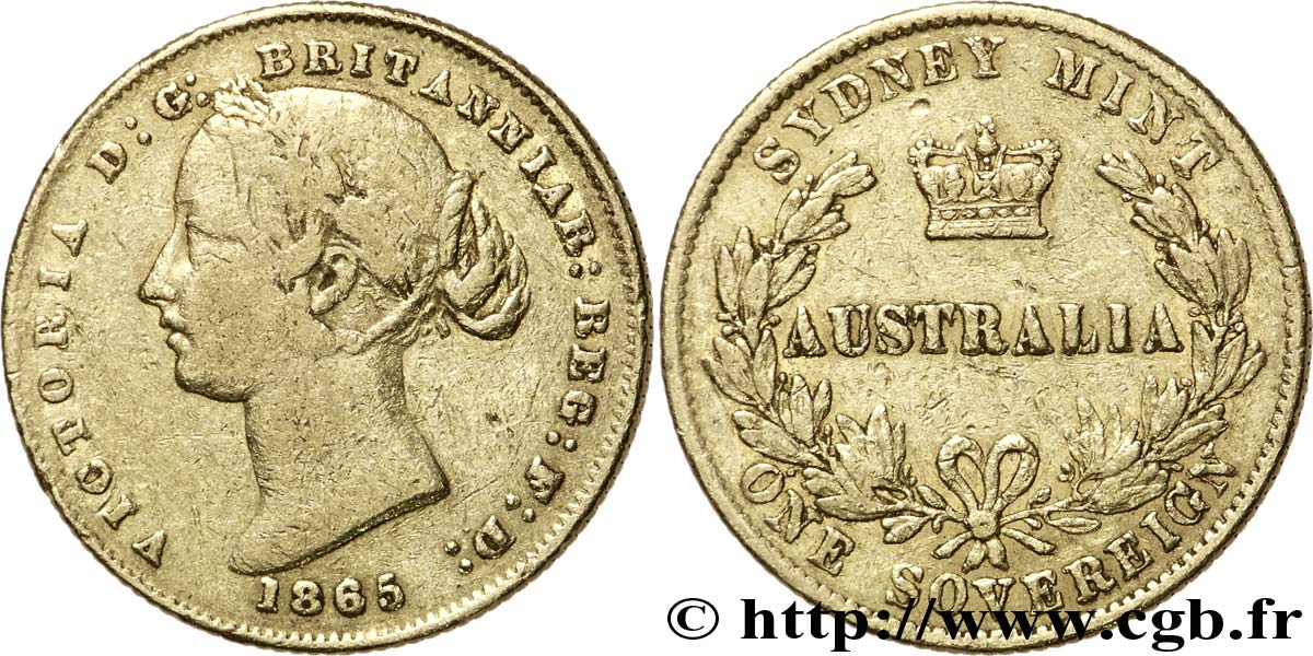 AUSTRALIE 1 Souverain OR reine Victoria / couronne entre deux branches d’olivier 1865 Sydney TB 