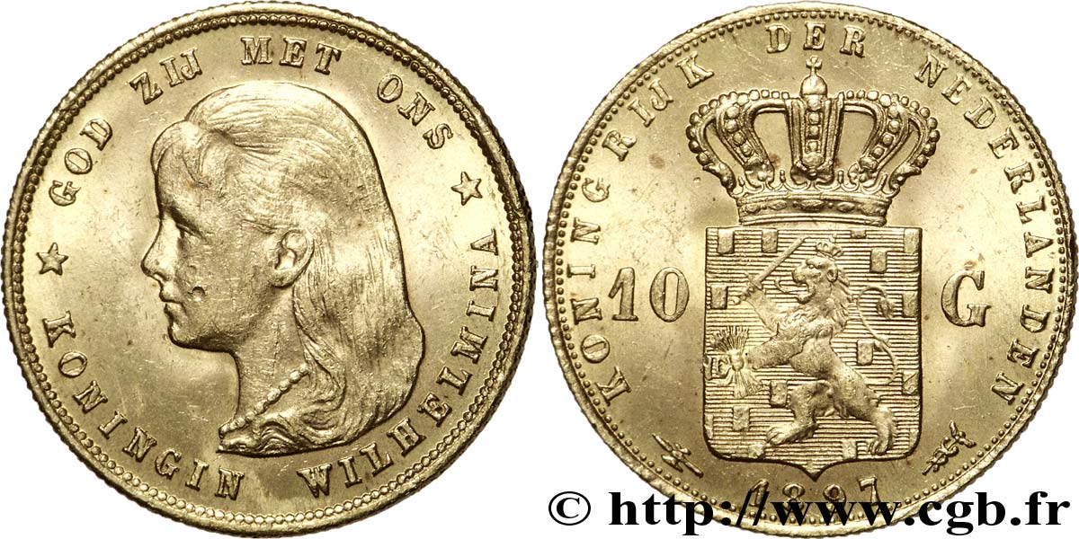 PAYS-BAS 10 Gulden or Reine Wilhelmina 1897 Utrecht TTB+ 
