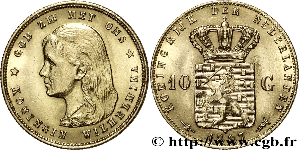 PAYS-BAS 10 Gulden or Reine Wilhelmina 1897 Utrecht SUP 