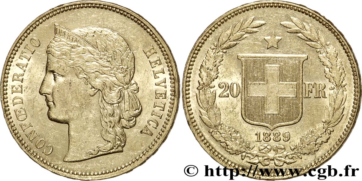 SUISSE 20 Francs or buste diadémé d Helvetia / croix suisse 1889 Berne - B SUP 
