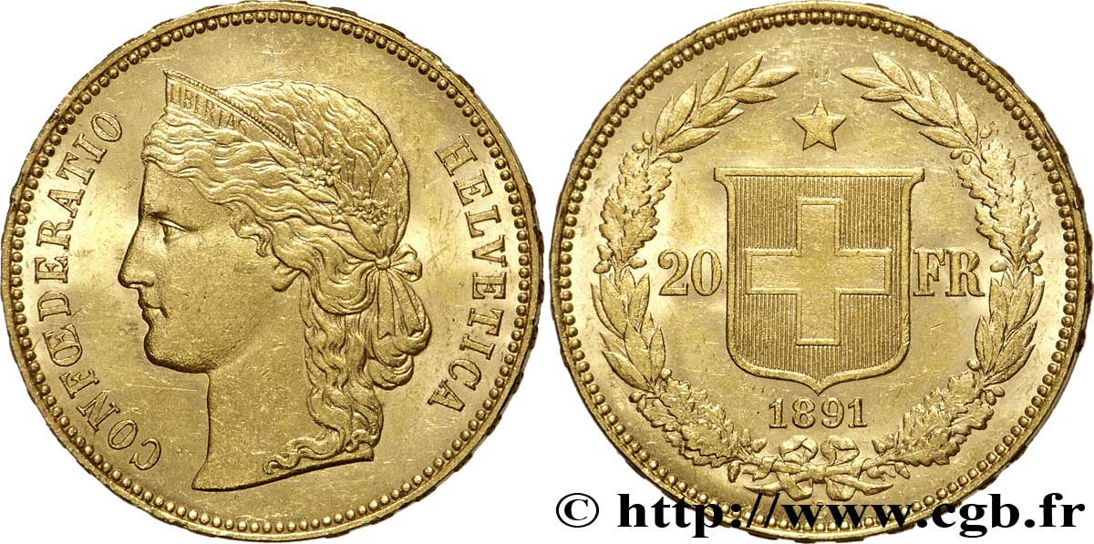 SUISSE 20 Francs or buste diadémé d Helvetia / croix suisse 1891 Berne - B SPL 