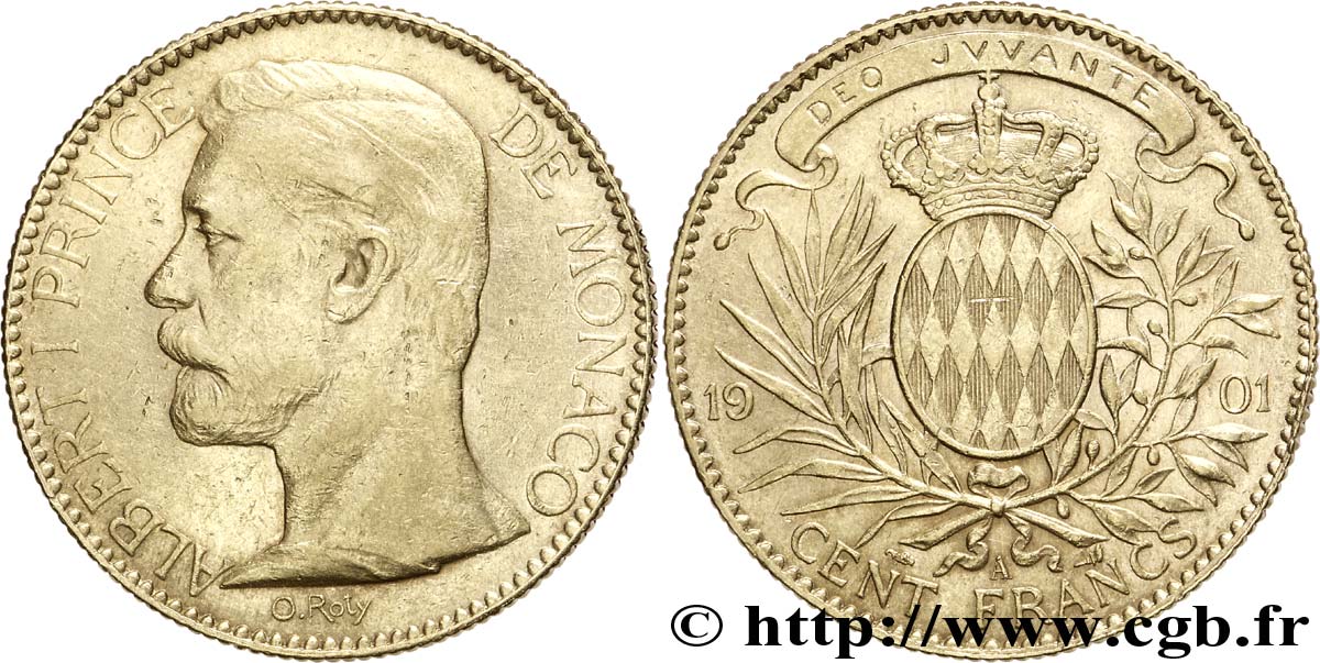 MONACO 100 Francs or Albert Ier / écu couronné 1901 Paris TTB 