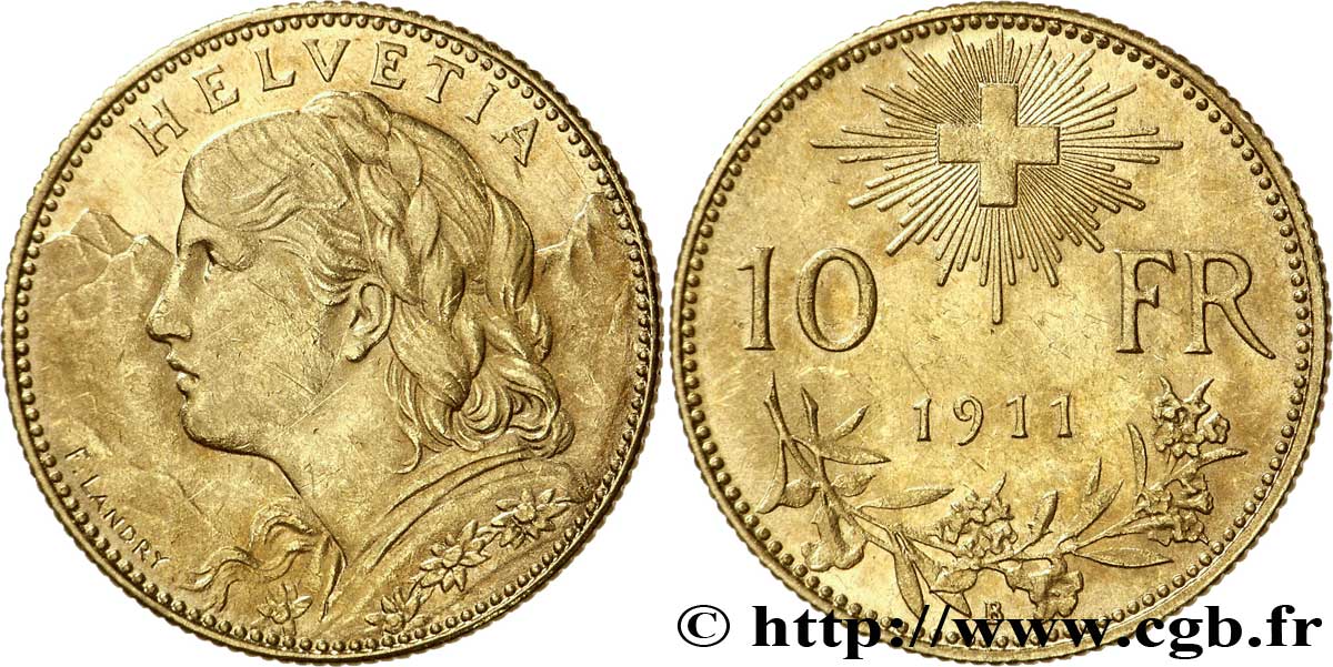 SUISSE 10 Francs or  Vreneli  Buste diadémé d Helvetia / Croix suisse 1911 Berne - B SUP 
