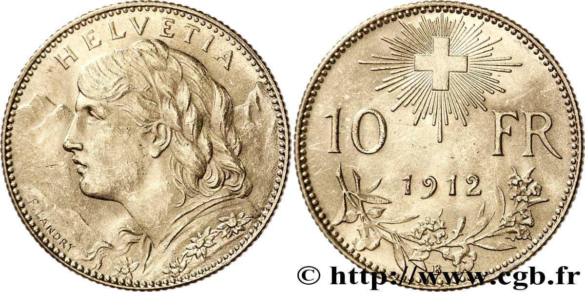 SUISSE 10 Francs or  Vreneli  Buste diadémé d Helvetia / Croix suisse 1912 Berne - B SUP 
