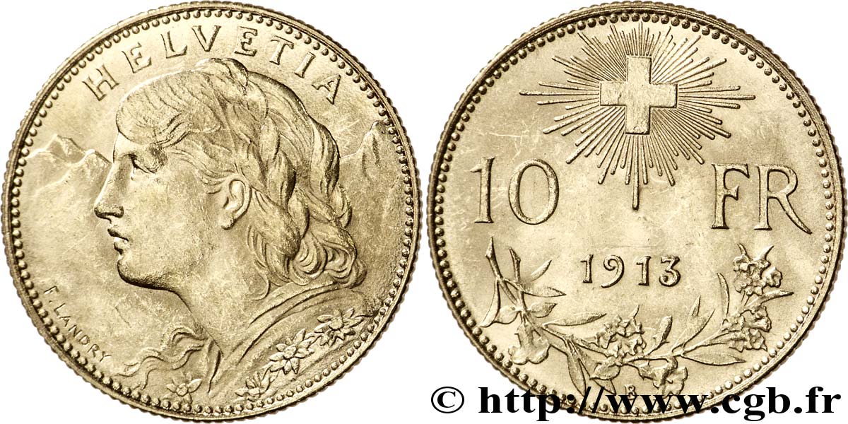 SUISSE 10 Francs or  Vreneli  Buste diadémé d Helvetia / Croix suisse 1913 Berne - B SUP 