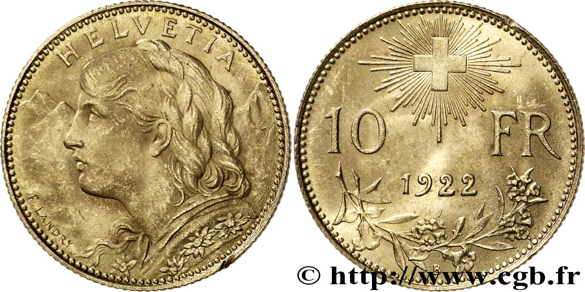 SUISSE 10 Francs or  Vreneli  1922 Berne SUP 