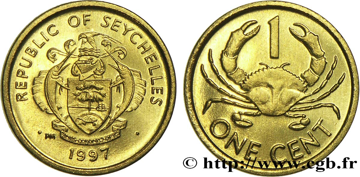 SEYCHELLES 1 Cent emblème / crabe de vase 1997  SPL 