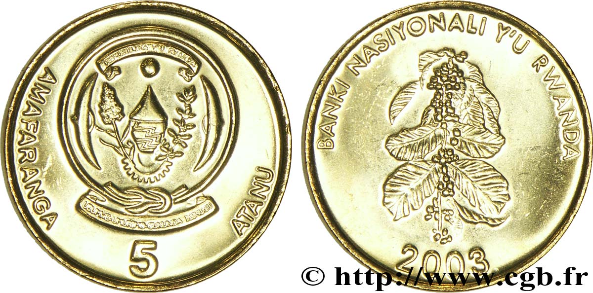 RWANDA 5 Francs emblème / caféier 2003  SPL 