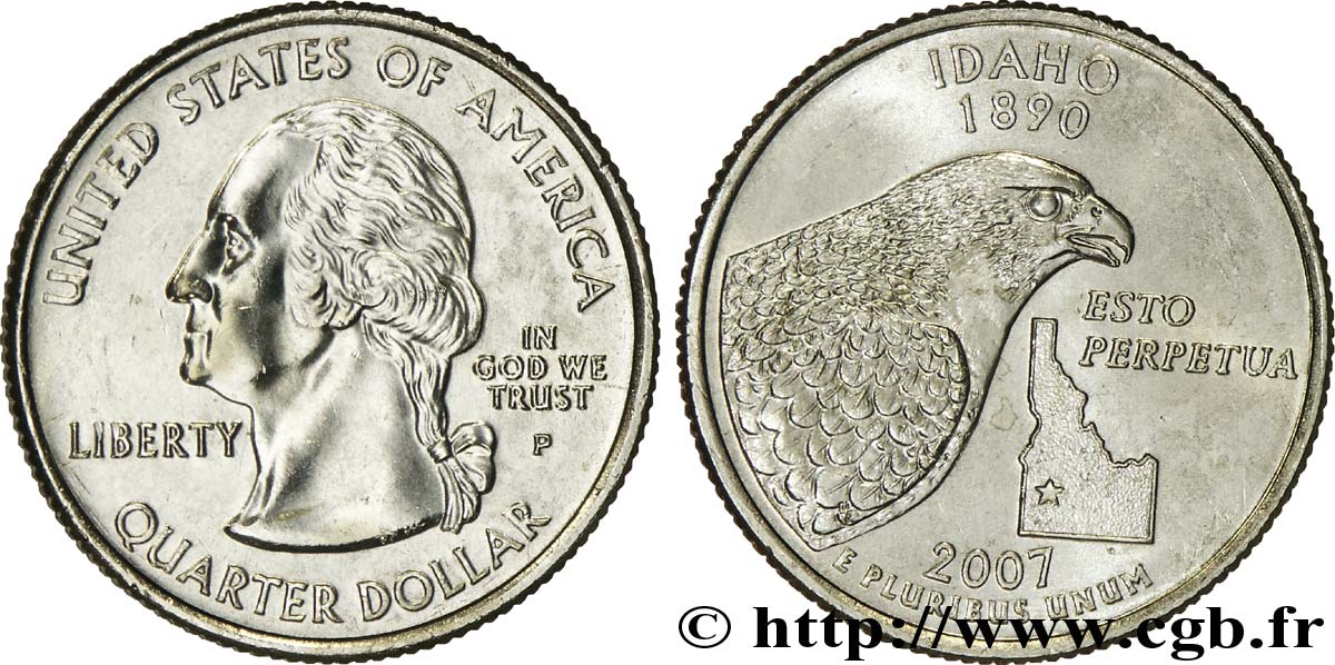 ÉTATS-UNIS D AMÉRIQUE 1/4 Dollar Idaho : faucon pèlerin et limite de l’état 2007 Philadelphie SPL 