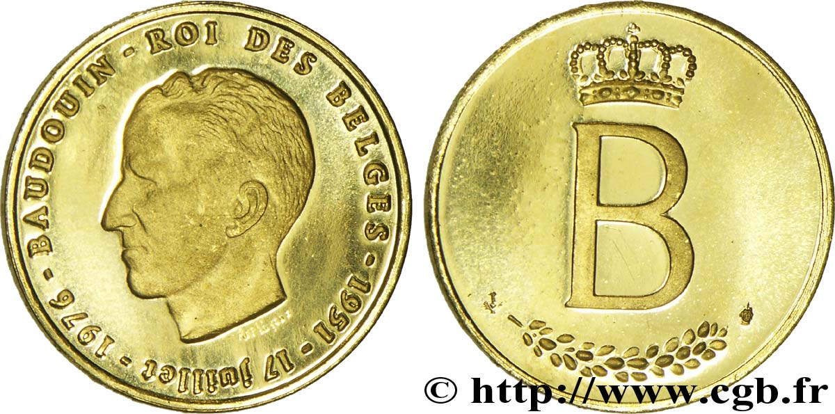 BELGIQUE Module de 20 Francs Or, 25e anniversaire de règne de Baudouin Ier / B couronné, légende en français 1976 Bruxelles SPL 