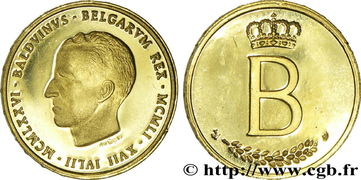 BELGIQUE Module de 20 Francs Or, 25e anniversaire de règne de Baudouin Ier / B couronné, légende en latin 1976 Bruxelles SPL 