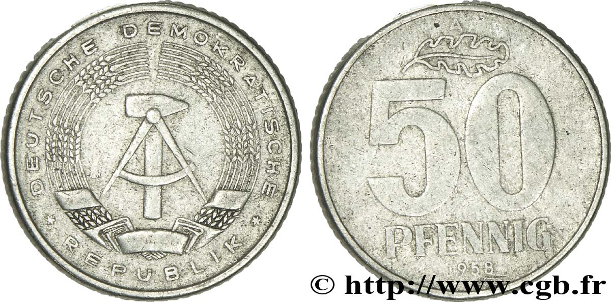 GERMAN DEMOCRATIC REPUBLIC 50 Pfennig emblème de la RDA 1958 Berlin VF 