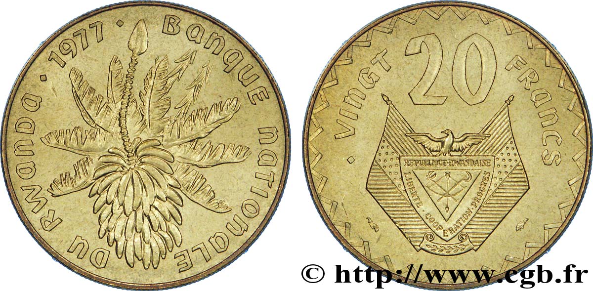 RUANDA 20 Francs emblème / bananier 1977  fST 