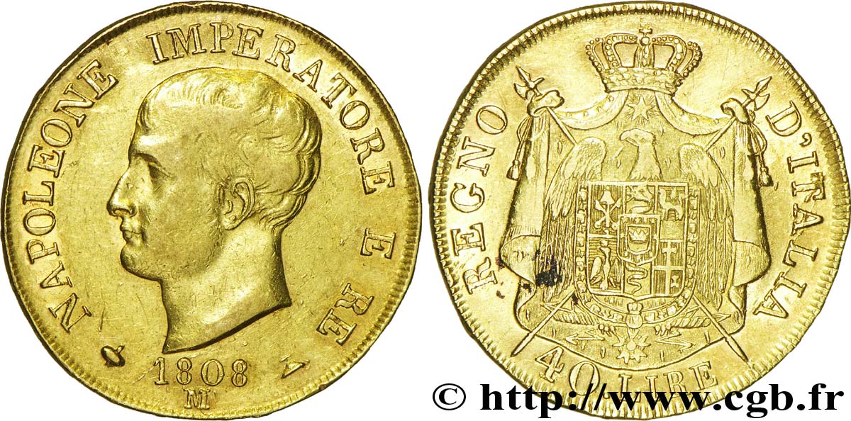 ITALIE - ROYAUME D ITALIE - NAPOLÉON Ier 40 Lire OR Royaume d’Italie : Napoléon Ier  1808 Milan TTB50 