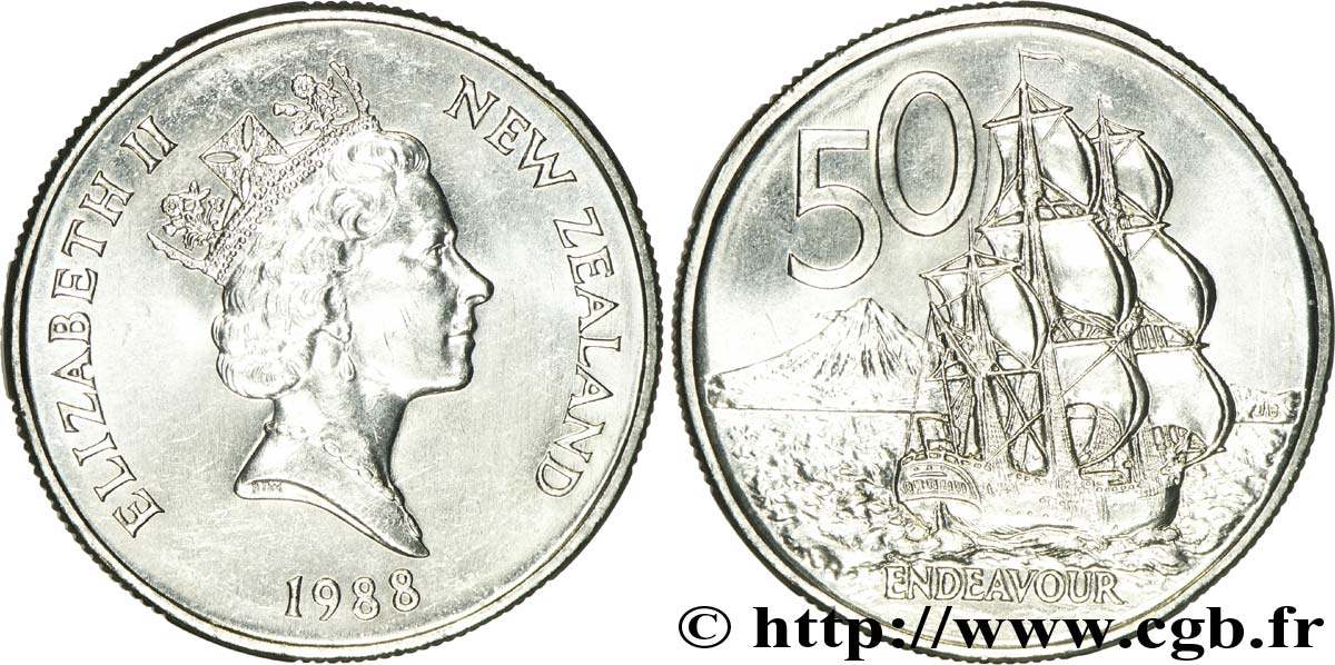 NOUVELLE-ZÉLANDE 50 Cents Elisabeth II / trois-mats Endeavour 1988 Canberra SUP 