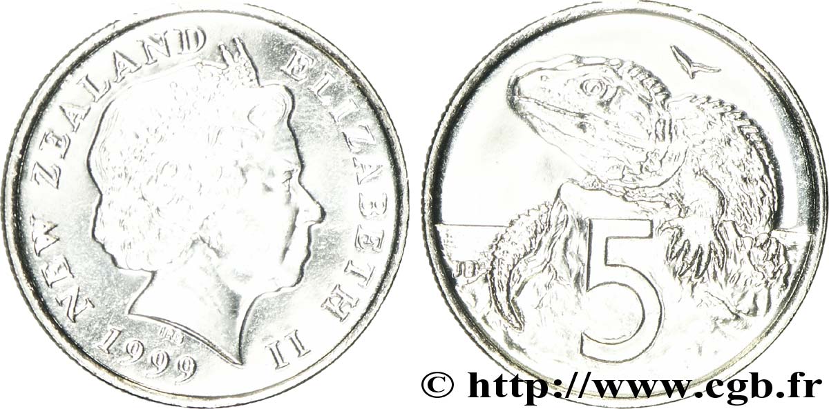 NOUVELLE-ZÉLANDE 5 Cents Elisabeth II / reptile tuatura (Sphenodon punctatus) 1999 Pretoria SPL 