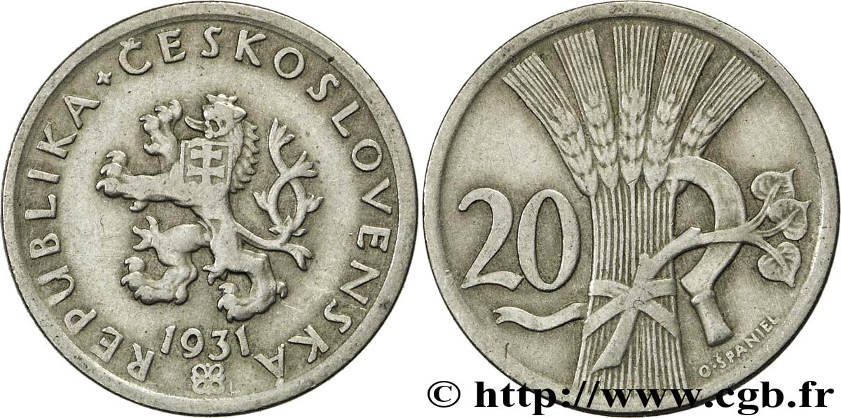 TCHÉCOSLOVAQUIE 20 Haleru lion tchèque 1931  TTB 