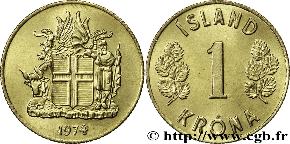 ISLANDE 1 Krona blason 1974  SPL 