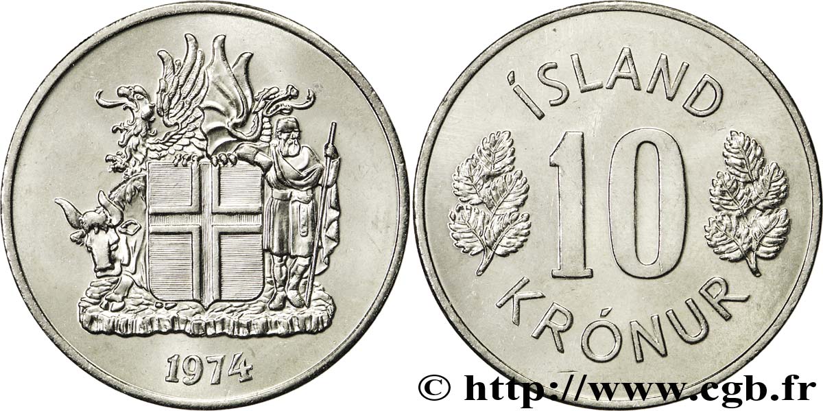 ISLANDA 10 Kronur blason 1974  MS 
