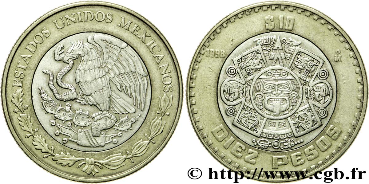 MEXIQUE 10 Pesos aigle / la Pierre du Soleil avec au centre Tonatiuh (dieu du Soleil) 1998 Mexico TTB 