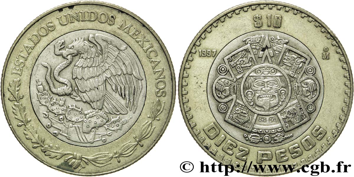 MEXIQUE 10 Pesos aigle / la Pierre du Soleil avec au centre Tonatiuh (dieu du Soleil) 1997 Mexico TTB 