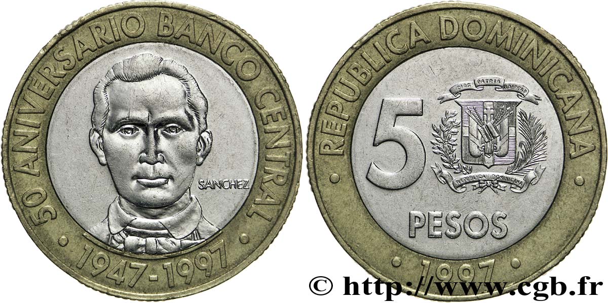 RÉPUBLIQUE DOMINICAINE 5 Pesos 50e anniversaire de la banque centrale 1997  TTB+ 